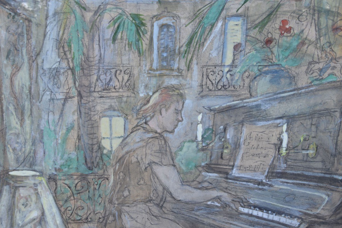 Ethel MARS "La pianiste" aquarelle gouachée 43x35-photo-1